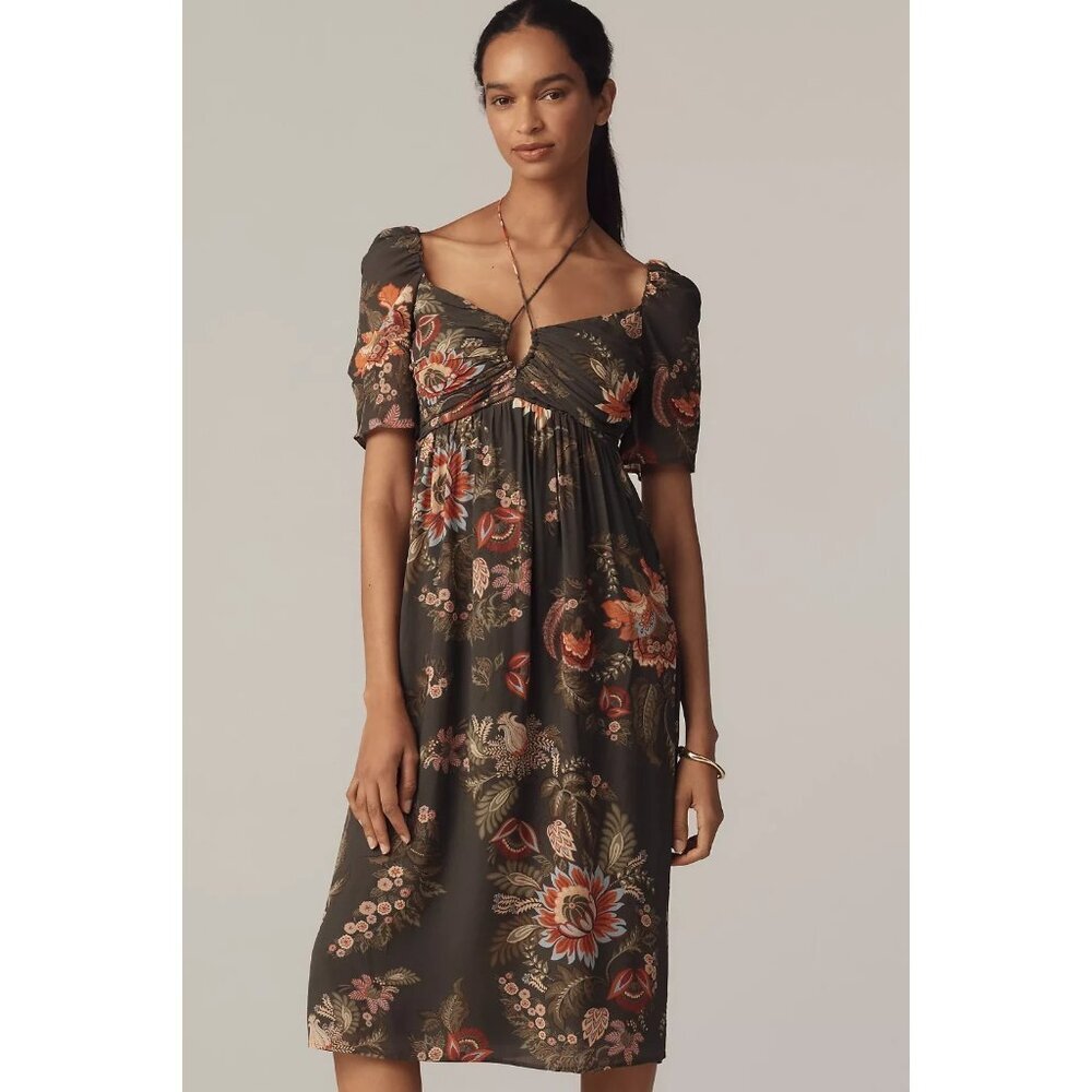 Anthropologie Olive Green Floral Midi Dress